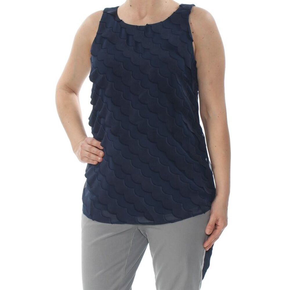 ALFANI Womens Navy Textured Sleeveless Jewel Neck Wear To Work Top M